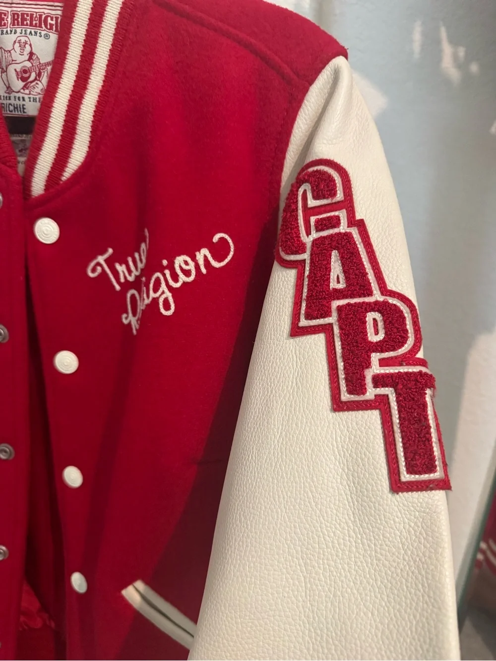 True Religion Women’s/ Men Red and White Varsity Jacket